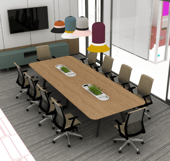 An office boardroom with table, chairs and credenza